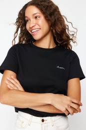 Black 100 Cotton Slogan Embroidered Regular Pattern Knitted T-Shirt