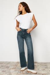 Dark Blue Faded Effect Vintage High Waist Wide Leg Jeans