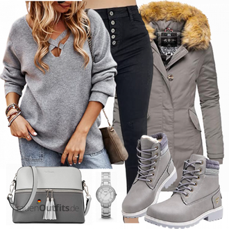 Steppung Outfit mit Grau/Khaki/Braun/Beige/Dunkelgrün Leichter Mantel/Daunenmantel/Mantel mit Reißverschluss/Parka/Schmal Geschnittener Mantel/Wintermantel/Mantel mit Fellkragen MARIKOO "Winterlicher Look"