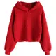 ZAFUL Damen Hoodie einfarbig Langarm Pullover Lockerer Kunstpelz Sweatshirt Kurzes Oberteil Rot M