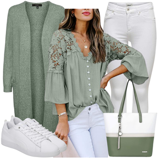 Outfit mit Grün/Hellgrün/Dunkelgrün Einfarbige Bluse/Spitzenbluse/Offene Bluse/Crash­bluse/3/4 Bluse/Bluse Oberteil/Boho-Bluse Aleumdr "Business Outfits"