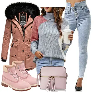 Outfit mit Rosa Wasserdichter Stiefel/Sicherheitsschuh/Wasserfester Schuh/Klassischer Stiefel Timberland "Cooles Herbst Outfit"