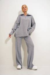 Trend Alaat Stili Women's Gray Zipper Detailed Sweater and Palazzo Pants Knitwear Two Piece Set