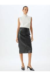 Faux Leather Skirt Midi Length Pencil Form Slit Belt Detail