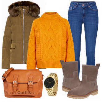 Outfit mit Grau/Braun Stiefel Timberland "ABOUT YOU Tasche"
