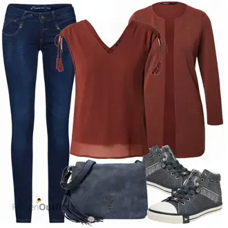 Outfit mit Dunkelrot/Rot/Braun/Bordeaux T-Shirt & Top/Blusenoberteil/Strick Top/Strickshirt/Hemdoberteil/Herrenschuhe/Wickelshirt/Blusenbody/Bluse Oberteil/Bluse Mit Schleife/Crash­bluse/Lederjacke/Verspielte Bluse/Kurzarmbluse/Schluppenbluse VERO MODA "Leichtes Outfit"