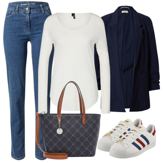 Outfit s Modrá/Světle modrá Slim Fit Džíny/High Waist Džínové Kalhoty/Džíny Regular Fit/Rovná Džína/Sportovní boty/Džíny s Rozparkem/Kožené Boty/Termální Džíny/Zimní bunda/Navlékací džíny/Kožená Pánská Bund/Kožená bunda GERRY WEBER "Vzhledy pro volný čas"