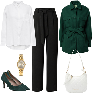 Outfit mit Schwarz/Khaki Musselin Hose/Paperbag Hose/Bundfaltenhose/Bundfaltenhose/Weite Hose/Hose Große Größe About You "Schickes Businessoutfit"