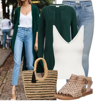 Outfit s Tmavě Zelená/Zelená Pletenina veľkej veľkosti/Halenka a Tunika Tunika Pulz Jeans "Módní letní vzhled"