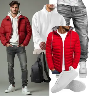 Outfit mit Rot/Dunkelrot Jacke mit Seitlichem Reißverschluss/Winterjacke/Herbstjacke/Steppjacke/Kapuzenjacke/Unisex Hoodie/Hoodie/Sport Hoodie/Strick Hoodie/Ausgefallener Hoodie "Freizeit Outfit"