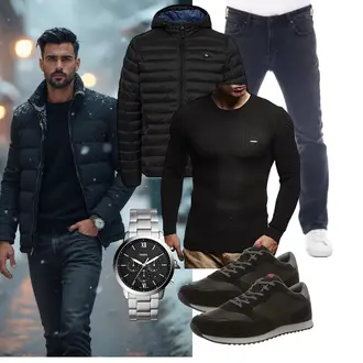Schick Outfit mit Schwarz Hybridjacke/Kapuzenjacke/Kunstfaserjacke/Puffer Jacke/Thermojacke/Isolationsjacke/Verstaubare Jacke b BLEND "Freizeit Outfit"Look: Sportlich, Schick, Lack, Nahtlos, Outdoor, Skater