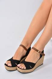 Black Linen Wedge Heeled Shoes
