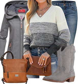 Cowgirl Komfort Outfit mit Grau/Beige/Braun/Hellgrau WeitschaftStiefel/Western Stiefelette/CowboyStiefel/Cowboy Stiefel Elara "Cooles Winter Outfit"Look: Rap, Trendige, Stil, Empire, Cowgirl, Country Styl, Western