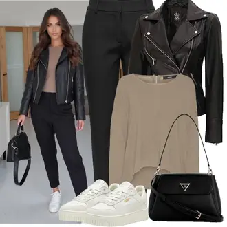 Biker Outfit mit Schwarz/Grau/Rot Motorradjacke/KunstLederjacke/Bikerjacke Decrum "Modisches Freizeit Outfit"
