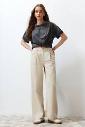 Beige Pleated High Waist Seasonal Wide Leg Jeans