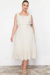 Curve Beige Square Neck A-Line Woven Dress