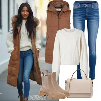 outfit mit Bela/Rjava/Krem Pleteni Pulover/Kardigan iz kašmirja/Kardigan z okroglim izrezom/Kardigan s stoječim ovratnikom/Zimski kardigan/2-v-1 Pulover/Osnovni Pulover/Pulover Carmen/Pulover iz Kašmirja/Fini Pleteni Pulover/Mohair Pullover/Pulover Nicki/Women's Pullovers with Stand-up Collar/Pulover z ovratnikom/Zimski Pulover/Volnen Pulover koton "Jesenska oblačila"