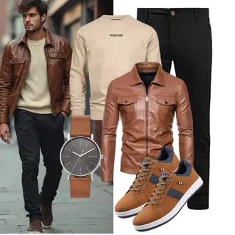 Stehkragen Outfit mit Braun/Dunkelbraun Bikerjacke/Herbstjacke/Leder Bomberjacke/Jacke mit Seitlichem Reißverschluss/Lederjacke/Kunstlederjacke Generisch "Freizeit Outfit"
