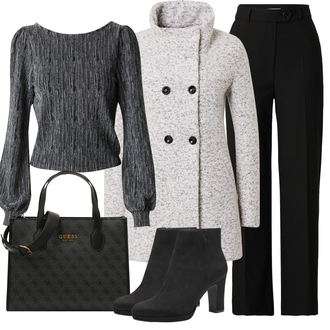Wasserfall-Ausschnitt Outfit mit Grau/Braun/Beige Bouclé Mantel/Strickfleece Mantel/Strickmantel/Wollfleece Mantel/Wintermantel Wollmantel Only "Elegantes Herbst Outfit"