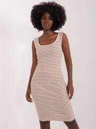 Camel and White Ribbed Sleeveless Basic Dress