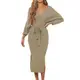 Tyidalin Pulloverkleid Damen Lang Strickkleid Elegant V-Ausschnitt Langarm Abendmode Sexy Kleid Mit Gürtel Khaki, 38 (Etikett M)