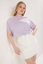 Curve Purple Oversize Embroidered Plus Size Knitted T-Shirt