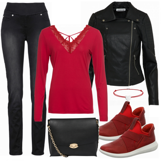 Outfit mit Schwarz/Dunkelgrün Mantel/Bikerjacke/KunstLederjacke/Lederjacke/Motorradjacke Noisy may "Bonprix Style"