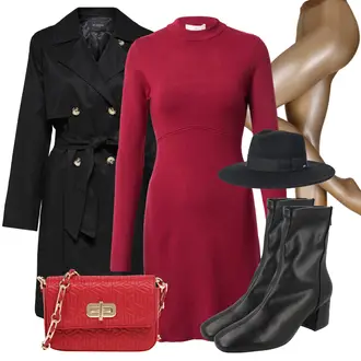 Outfit mit DunkelRot/Bordeaux/Rot/Rosa/Lila Strickkleid/Stehkragen-Strickjacke/Rundhals-Strickjacke/Strickjacke Tracht/Poncho & Kimono Morgenmantel/Kaschmir-Strickjacke/Lange Strickjacken/Winter Strickjacke/Rollkragenkleid/Pulloverkleid/Winter Strickkleid guido maria kretschmer women "Herbstlicher Look"