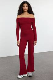 Claret Red High Waist Flexible Ribbed Knitted Trousers