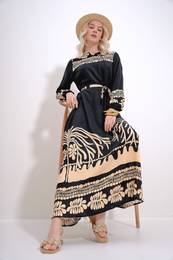 Trend Alaat Stili Women's Black Slit Collar Waist Belted Patterned Woven Viscose Dress