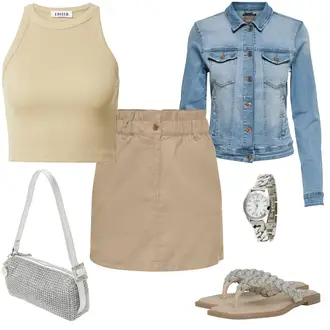 Outfit mit Beige/Khaki 70er Minirock/90er Rock/Cargo Rock/Unisex Rock Only "Strass Freizeitlook"