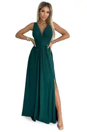 Long brocade dress with neckline and stitching at the waist