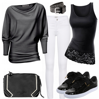 Outfit mit Weiß/Schwarz/Braun Bluse mit Lochstickerei/Bluse Oberteil/Kinderspielzeug/Schößchen­bluse/Verspielte Bluse/Volantbluse/Damen 7/8-Länge Jeans/Cropped Jeans/Schlaghose Jeans/Jeans-Culotte/Bundfaltenjeans/Formelles Hemd/Wide Leg Jean Only "SchwarzWeiss"