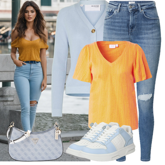 Outfit mit Orange/Gelb Basic Top/Blusenoberteil/Casual Top/Strick Top/Strickshirt/Mesh shirt/Partytop/Hemdoberteil/Kurzes Oberteil/Bluse Oberteil/Bluse mit Puffärmel/Kinder Spielzeug/Festliche Bluse/Leinen­bluse/Verspielte Bluse/Kurzarmbluse Vila "Sommer Look"