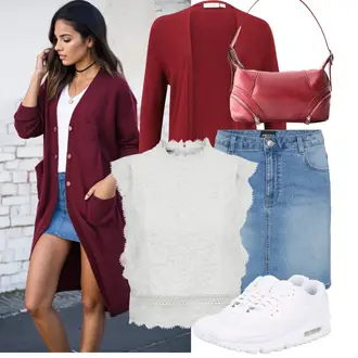 Outfit mit Grau/Weiß/Creme Hemdbluse/Strickjacke Mit Fransen/Rundhals-Strickjacke/Kurze Strickjacke/Kurzarm Strickjacke/Stehkragen-Strickjacke/Sommerstrickjacke/Kurzarm Hemd/Musselin Hemd Only "Leichtes Outfit"