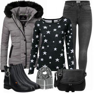 Outfit mit Schwarz Lederjacke/Biker Boot/Chelsea Boot/Flache Stiefelette/Leder Stiefelette/Gefütterte Stiefelette/Motorradstiefel/Reitstiefel/Gummistiefelette/Stiefel Mit Reißverschluss Only "Toller Look für die Freizeit"