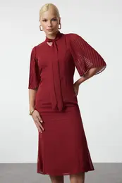 Burgundy Pleated Sleeve Tied Collar A-Line Lined Midi Chiffon Woven Winter Dress