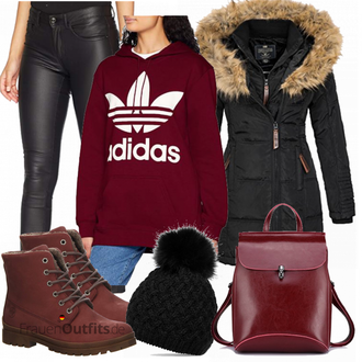 Outfit mit Schwarz Daunen & Steppmantel/Outdoormantel/Kapuzenmantel/Daunenmantel/Mantel mit Fellkragen/Wintermantel/Mantel mit Reißverschluss/Parka Geographical Norway "Adidas Pullover"