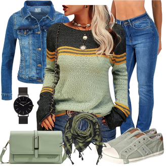 Motorrad Outfit mit Dunkelgrün/Grün/Gelb/Mischfarben Rundhals Pullover Tankaneo "Outfit für den Herbst"Look: Fitness, Reiten, Fußball, Motorrad