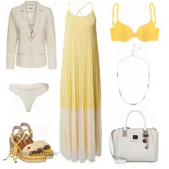 Outfit mit Gelb/Grün Maxikleid/Langes Strickkleid/Ärmelloses Kleid/Langes Sommerkleid/Kleid Tüll/Plissee Kleid/Vokuhila Kleid/Chiffon Kleid Only "Gelbes Sommeroutfit"