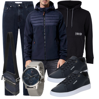 Outfit mit Dunkelblau/Blau/Hellblau Schultertasche/Gürteltasche/Tragetasche/Mannstasche Tommy Hilfiger "Freizeit Outfit"