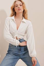 Trend Alaat Stili Women's White Polo Neck Front Gathered Long Sleeve Crop Knitted Blouse
