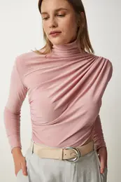 Happiness stanbul Women's Powder Gathered Detailed High Neck Sandy Blouse