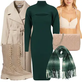 Festlische outfits Herbst mit Beige/Grau/Braun/Khaki Lodenmantel/Wollmantel/Midi Mantel/Langer Mantel/Langmantel/Kaschmir Mantel/Wollmantel About You "Festliche Kombination mit langem Kleid"