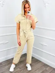Denim Button Jumpsuit Beige