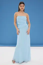 Ice Blue A-Cut Cut Out/Window Detail Tulle Knitted Long Evening Dress