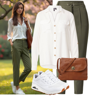 viskóza Outfit sa Kaki/Bijela/Krem/Tamnoplava Bluza Veći Broj VERO MODA "Moderan outfit za slobodno vrijeme"