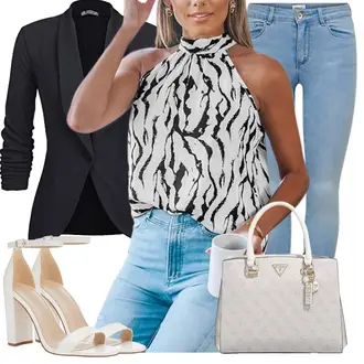 Stil, Western Outfit mit Schwarz/Dunkelgrau/Dunkelblau Kurzblazer/Boyfriend Blazer/Strick­blazer/Blazerjacke/Lederjacke/Lässiger Blazer/Smoking Blazer/Blusenblazer/Eleganter Blazer Unibelle "Schöner Sommer Look"Look: Stil, Uni, Festlich, Büro, Goa, Business, Workwear, Sportlich, Casual, Elegant, Edel, Classic, Old Money