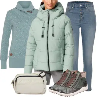 Outfit mit Blau/Hellblau/Dunkelblau Knöchelstiefel/Jeans mit Schlitz/Schlupfjeans/Caprijeans/High Waist Jeans/Cropped Jeans/Damen 7/8-Länge Jeans/Push up Jeans Buffalo "Herbstliches Freizeit Outfit"