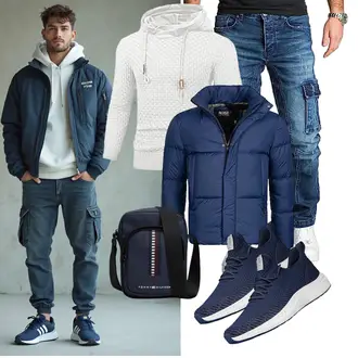 Stehkragen Outfit mit Dunkelblau/Blau Thermojacke/Isolationsjacke/Sommerdaunenjacke/Kunstfaserjacke/Winterjacke/Puffer Jacke/Daunenjacke Indicode "Freizeit Outfit"